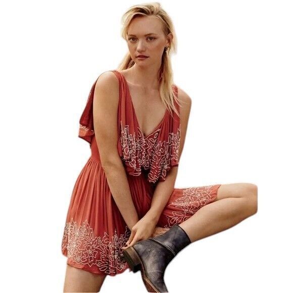 Free People Sylvia Wrap Mini Dress Flounce Size Small Embellished - Picture 2 of 12